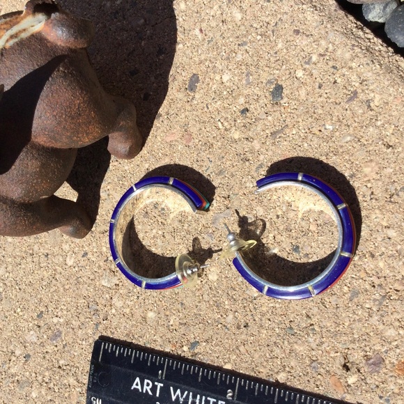 Vintage Native American - Turquoise, Coral & Lapis - Hoop Earrings - Picture 13 of 16